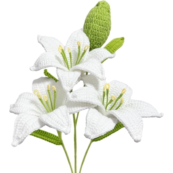 3PCS Handmade Crochet Artificial Lily Flowers, White Artificial Lily Knitted Bouquet for Home Wedding Decor Flower Gift (NO VASE)