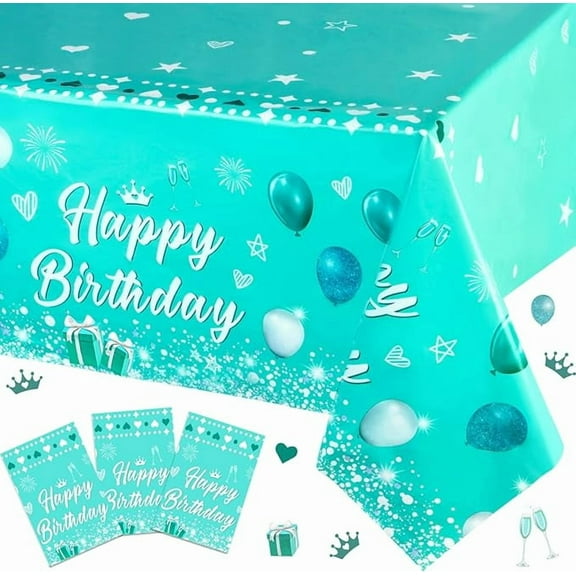3PCS Happy Birthday Tablecloth - Teal Blue Tablecloth Rectangle Silver Sprinkle Tablecloth with Heart Balloon Gift for Kids Adults Birthday Party Anniversary