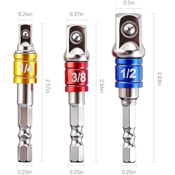 3PCS Hex Shank to Square Heavy Duty Socket Adapter Set, Impact Grade Drill Socket Adapter (1/4", 3/8", 1/2"), Anti-Slip Detent Ball, drill Attachments for Power Drill & Impact Driver