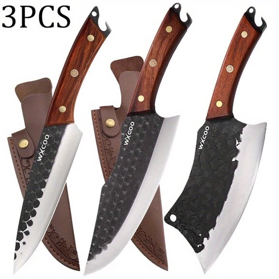 3PCS High Carbon Steel Boning Knife Set Utility Knife Handmade Forged Sharp Knife for Cooking Barbecue Meat Cleaver Multipurpose Cutting Vegetable Fruit Fish Kitchen Chef Tool