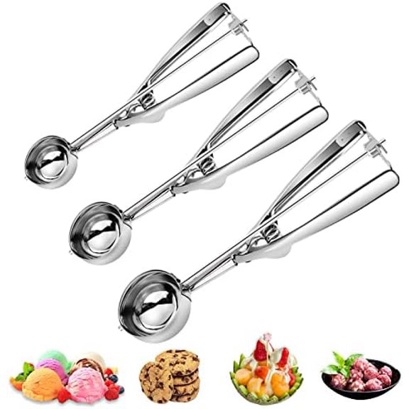 3PCS Ice Cream Scoop,Premium cookie scoop set,Small/Medium/Large stainless steel Scoops,Professional Ice cream Scooper with Trigger Release for Baking, Cookie, Fruit and Ice Cream by$$