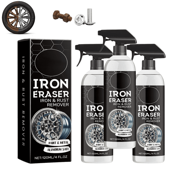 3PCS Iron Eraser Rust Remover Spray, Iron Eraser Iron and Rust Remover for Car Wheels and Paint, Fast Acting Rust and Brake Dust Removers, Professional Automotive Surface Cleaning