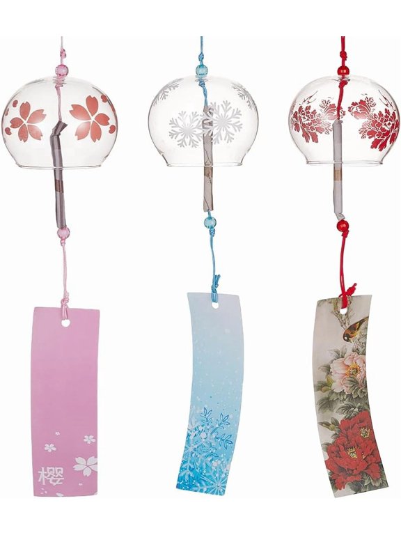 3PCS Japanese Wind Chimes Pink Cherry/Red/Blue Glass Wind Bells Handmade Pendants for Birthday Gift Home Christmas Party Decorations for DIY
