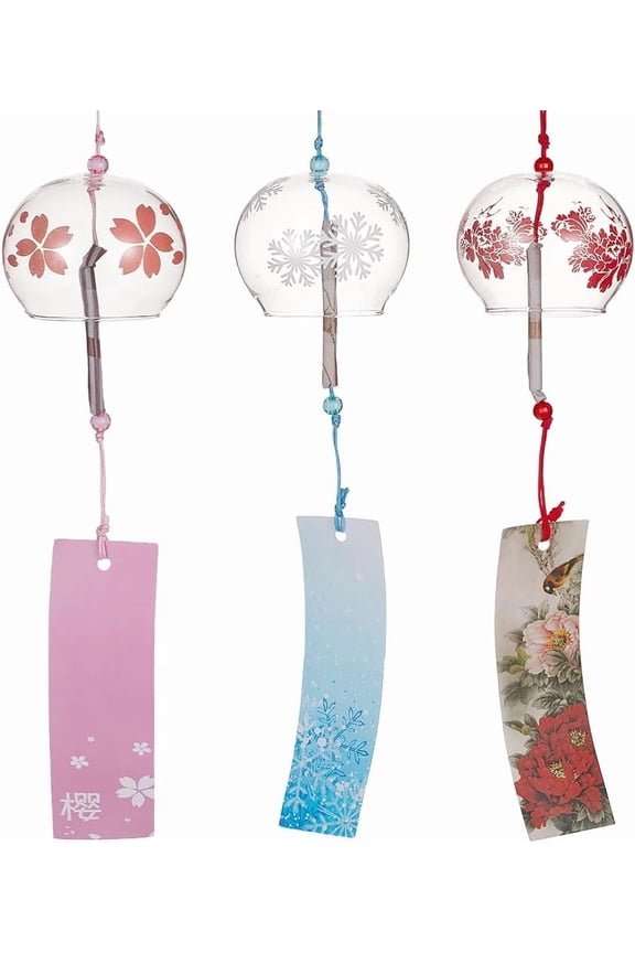 3PCS Japanese Wind Chimes Pink Cherry/Red/Blue Glass Wind Bells Handmade Pendants