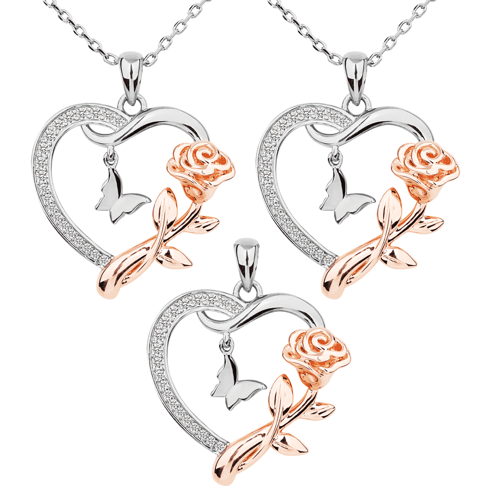 3PCS Jewelry Set Heart Necklace for Women Sterling Silver CZ Romantic Rose and Butterfly Jewelry for Women Birthday Valentine's Day Gift