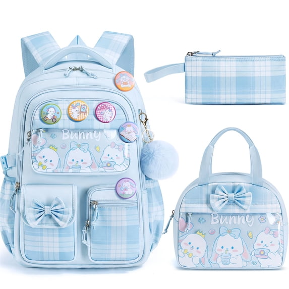 3PCS Kawaii Bunny Backpack with Lunch Box Pencil Case, Checkered Bow Waterproof Backpack School Bookbag Set