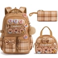 thumbnail image 1 of 3PCS Kawaii Capybara Backpack with Lunch Box Pencil Case, Checkered Bow Waterproof Backpack School Bookbag Set, 1 of 9