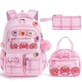 thumbnail image 1 of 3PCS Kawaii Strawberry Backpack with Lunch Box Pencil Case, Checkered Bow Waterproof Backpack School Bookbag Set, 1 of 9