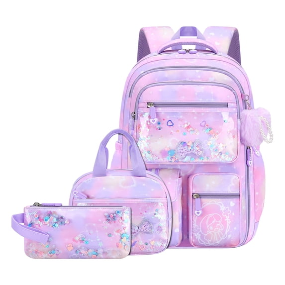 3PCS Kids Backpack for School Girls with Lunch Box & Pencil Case | Waterproof Girls Backpack, Lightweight School Bookbag for Elementary School Students Teens