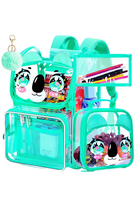 3PCS Kids Clear Backpack Set, 15 Inch Koala Pattern Transparent School Bag with Lunch Box for Elementary Students, Green