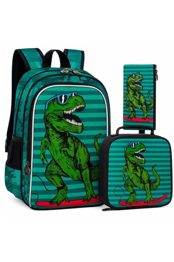 3PCS Kids Dinosaur Backpack for Boys, 16" Kids Bookbag with Lunch Box, Water Resistant School Bag for Elementary Prechool Toddler