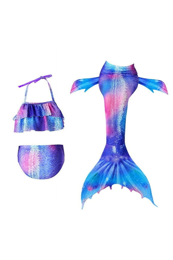 3PCS Kids Girls Mermaid Tail Swimmable Swimming Bikini Swimear Swimsuit Costumes,6-8 years,Purple
