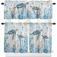 thumbnail image 1 of 3PCS Kitchen Curtains Valance and Tiers Set Semi Sheer Kitchen Curtain Valance Window Retro Summer Ocean Turtle Coral Jellyfish Blue Tier & Valance Set Rod Pocket Valance Curtains, 54"x18"/27.5"x36"x2, 1 of 6