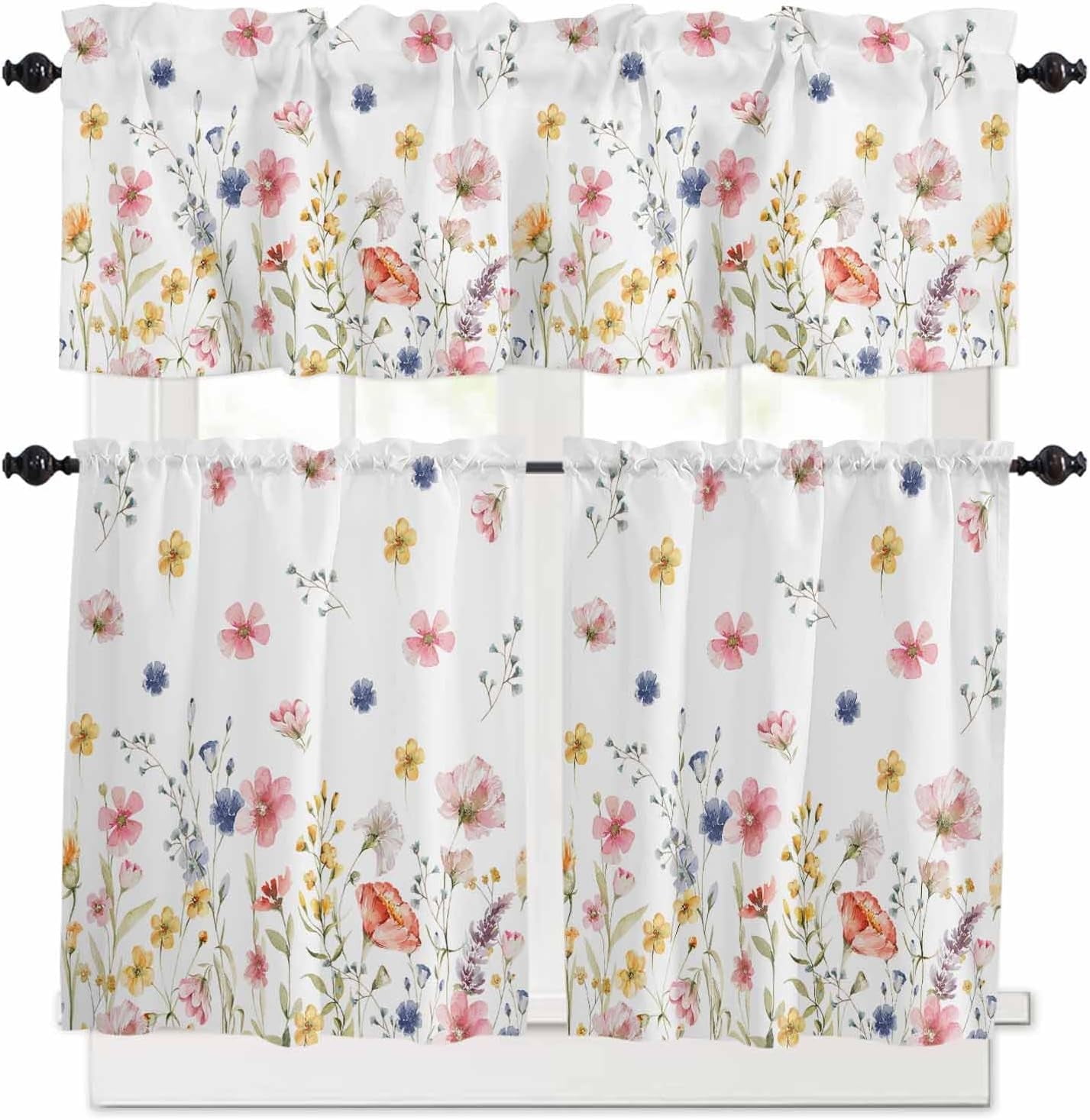 3PCS Kitchen Curtains Valance And Tiers Set Semi Sheer Kitchen Curtain Valance Window Spring Watercolor Butterfly Pink Flowers Tier Valance Set Rod Pocke