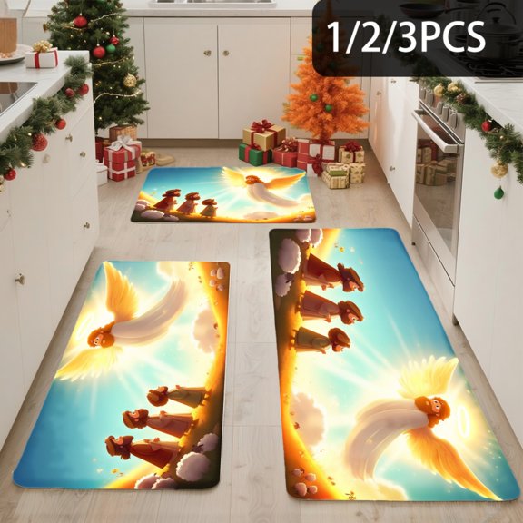 3PCS Kitchen Mat set, Welcome Door Flannel Rug,Home Decor for Front Door,Kitchen, Bathroom, Angel Wings And Sunlight Design ,Great Christmas Housewarming gift for Family and Friends.
