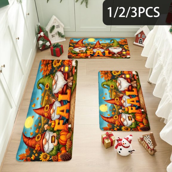 3PCS Kitchen Mat set,Welcome Door Flannel Rug,Home Decor for Front Door,Kitchen, Bathroom,Autumn Gnome With Pumpkin Harvest ,Gifts for family and friends.