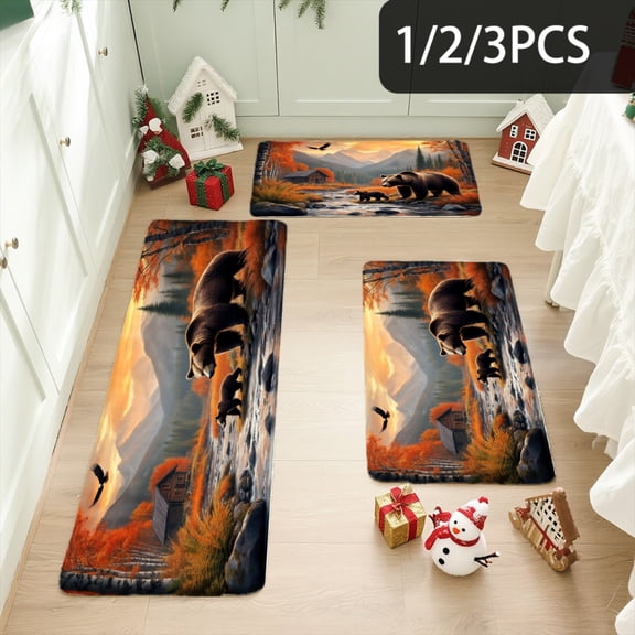 3PCS Kitchen Mat set,Welcome Door Flannel Rug,Home Decor for Front Door,Kitchen, Bathroom, Bears Climbing Trees In Forest ,Great Thanksgiving Day Housewarming gift for Family and Friends.