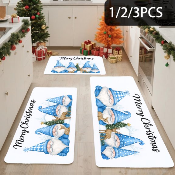 3PCS Kitchen Mat set, Welcome Door Flannel Rug,Home Decor for Front Door,Kitchen, Bathroom, Christmas Gnomes With Blue Hats ,Great Christmas Housewarming gift for Family and Friends.