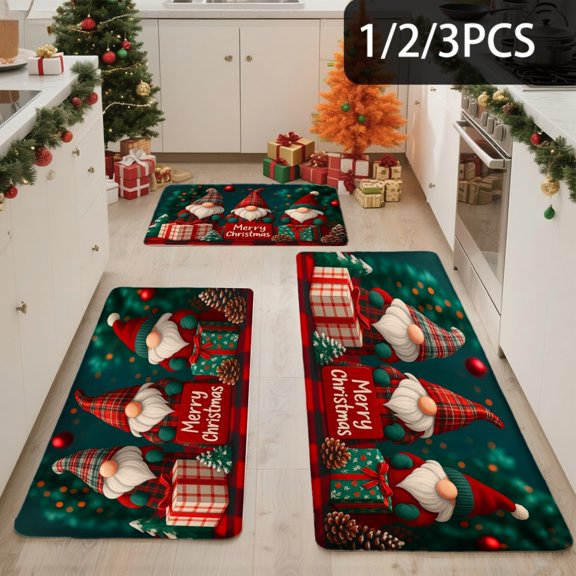 3PCS Kitchen Mat set,Welcome Door Flannel Rug,Home Decor for Front Door,Kitchen, Bathroom,Christmas Gnomes On Green Background ,Gifts for family and friends.