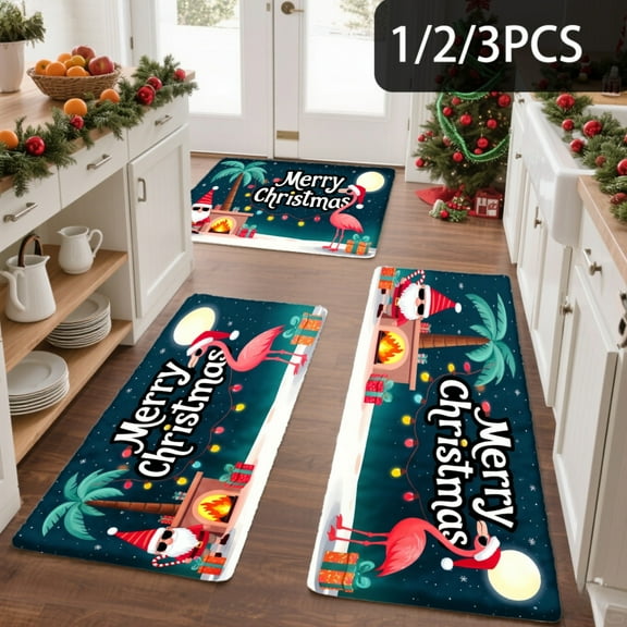 3PCS Kitchen Mat set, Welcome Door Flannel Rug,Home Decor for Front Door,Kitchen, Bathroom, Christmas Theme With Flamingo Design ,Great Christmas Housewarming gift for Family and Friends.