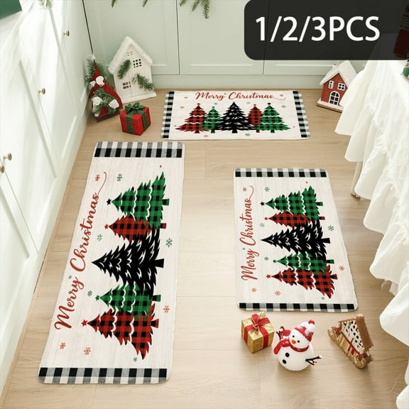 3PCS Kitchen Mat set, Welcome Door Flannel Rug,Home Decor for Front Door,Kitchen, Bathroom, Christmas Trees On Plaid Background ,Great Christmas Housewarming gift for Family and Friends.