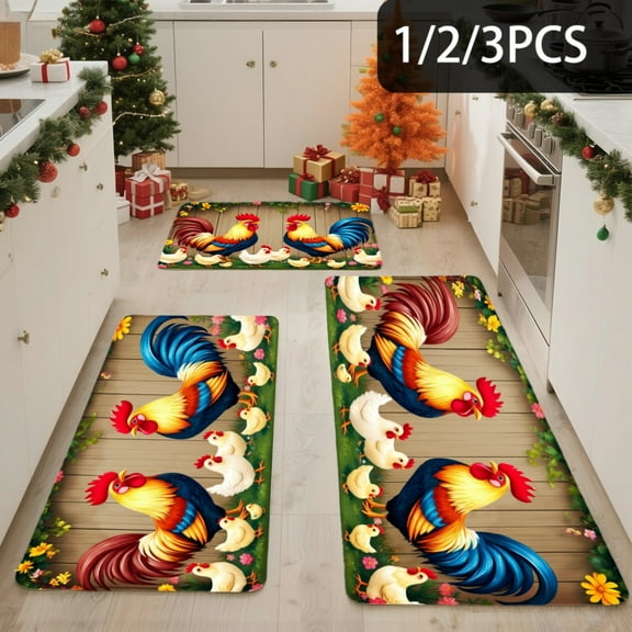 3PCS Kitchen Mat set, Welcome Door Flannel Rug,Home Decor for Front Door,Kitchen, Bathroom, Colorful Rooster And Hen Pattern ,Great gift for Family and Friends.
