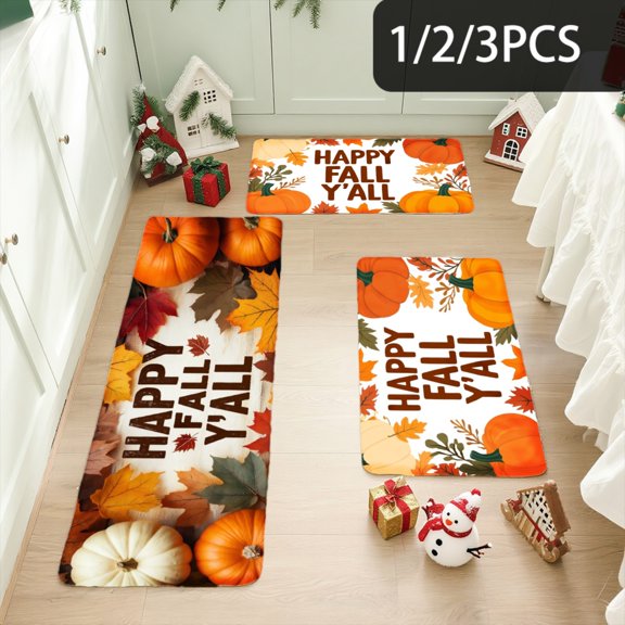 3PCS Kitchen Mat set, Welcome Door Flannel Rug,Home Decor for Front Door,Kitchen, Bathroom, Happy Fall Y'all Pumpkins Leaves Autumn Theme ,Great Thanksgiving Day