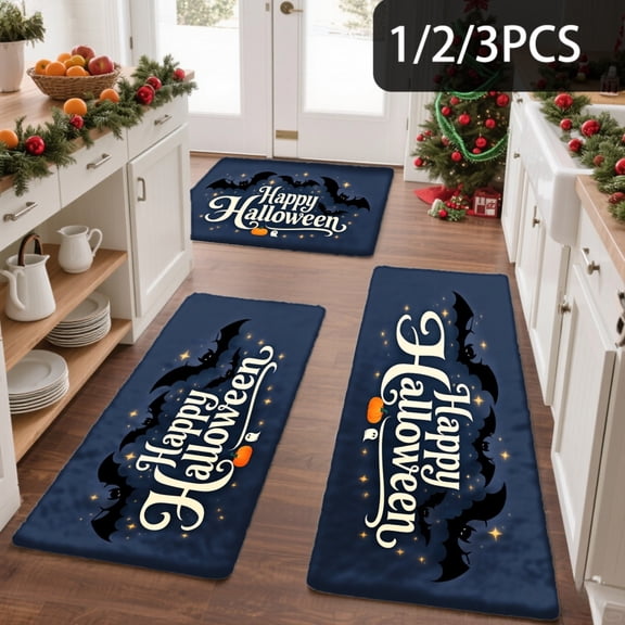 3PCS Kitchen Mat set, Welcome Door Flannel Rug,Home Decor for Front Door,Kitchen, Bathroom, Happy Halloween With Bats Design ,Great gift for Family and Friends.