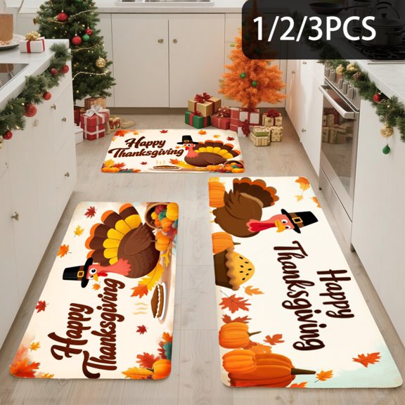 3PCS Kitchen Mat set, Welcome Door Flannel Rug,Home Decor for Front Door,Kitchen, Bathroom, Happy Thanksgiving Turkey Pumpkin Leaves Autumn Theme ,Great Thanksgiving
