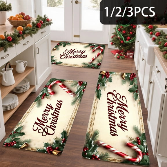 3PCS Kitchen Mat set, Welcome Door Flannel Rug,Home Decor for Front Door,Kitchen, Bathroom, Merry Christmas Candy Cane Pattern ,Great Christmas Housewarming gift for Family and Friends.