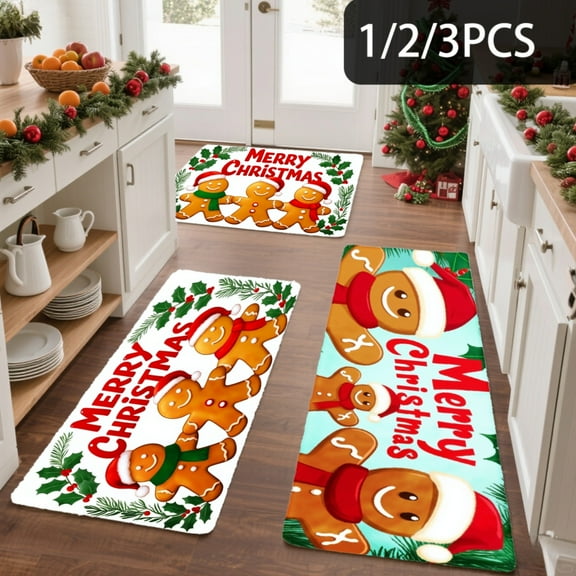 3PCS Kitchen Mat set, Welcome Door Flannel Rug,Home Decor for Front Door,Kitchen, Bathroom, Merry Christmas Gingerbread Man Santa Claus Pattern ,Great Thanksgiving Day