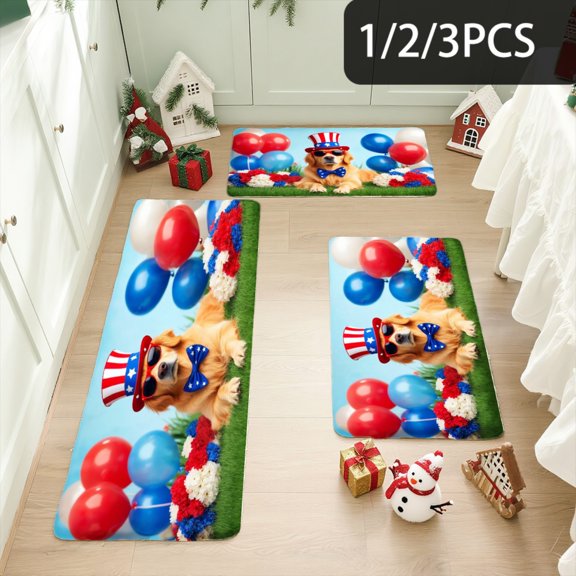 3PCS Kitchen Mat set, Welcome Door Flannel Rug,Home Decor for Front Door,Kitchen, Bathroom, Patriotic Dog With Balloons And ,Great Christmas Housewarming gift for Family and Friends.