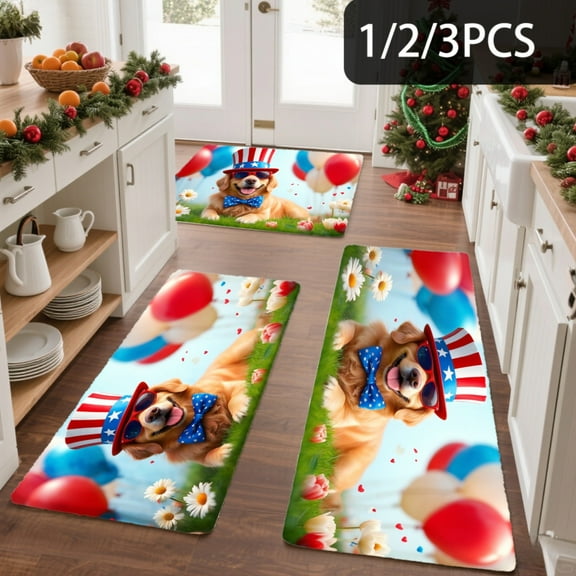 3PCS Kitchen Mat set, Welcome Door Flannel Rug,Home Decor for Front Door,Kitchen, Bathroom, Patriotic Dog With Balloons And ,Great Christmas Housewarming gift for Family and Friends.