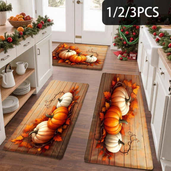 3PCS Kitchen Mat set,Welcome Door Flannel Rug,Home Decor for Front Door,Kitchen, Bathroom, Pumpkins On Wooden Floor Mats ,Great Thanksgiving Day Housewarming gift for Family and Friends.