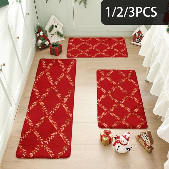 3PCS Kitchen Mat set, Welcome Door Flannel Rug,Home Decor for Front Door,Kitchen, Bathroom, Red Diamond Pattern With White ,Great Christmas Housewarming gift for Family and Friends.