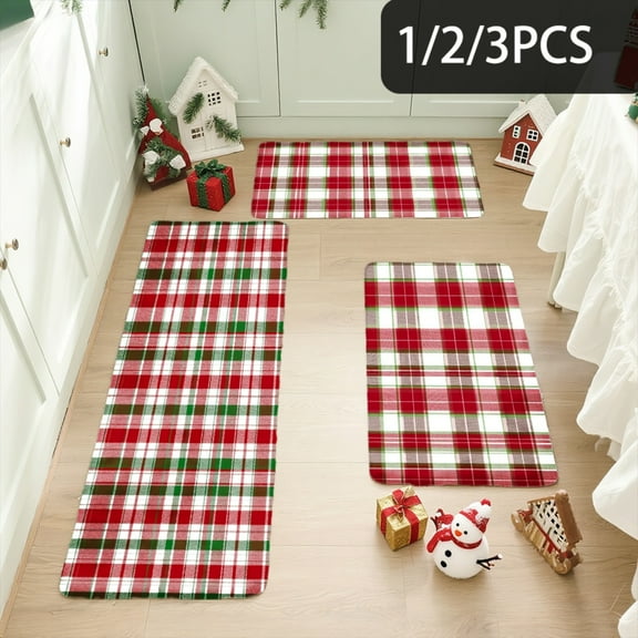 3PCS Kitchen Mat set, Welcome Door Flannel Rug,Home Decor for Front Door,Kitchen, Bathroom, Red Green White Plaid Pattern Christmas Theme ,Great Thanksgiving Day