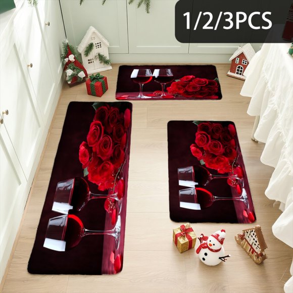 3PCS Kitchen Mat set, Welcome Door Flannel Rug,Home Decor for Front Door,Kitchen, Bathroom, Red Roses And Wine Glasses ,Great gift for Family and Friends.