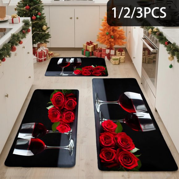 3PCS Kitchen Mat set, Welcome Door Flannel Rug,Home Decor for Front Door,Kitchen, Bathroom, Red Roses And Wine Glasses ,Great gift for Family and Friends.