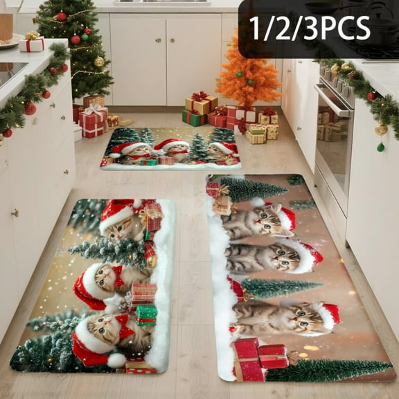 3PCS Kitchen Mat set, Welcome Door Flannel Rug,Home Decor for Front Door,Kitchen, Bathroom, Santa Cats Christmas Tree Gift Snowflake ,Great Thanksgiving Day
