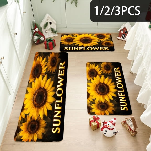 3PCS Kitchen Mat set, Welcome Door Flannel Rug,Home Decor for Front Door,Kitchen, Bathroom, Sunflower Pattern On Black Background ,Great gift for Family and Friends.