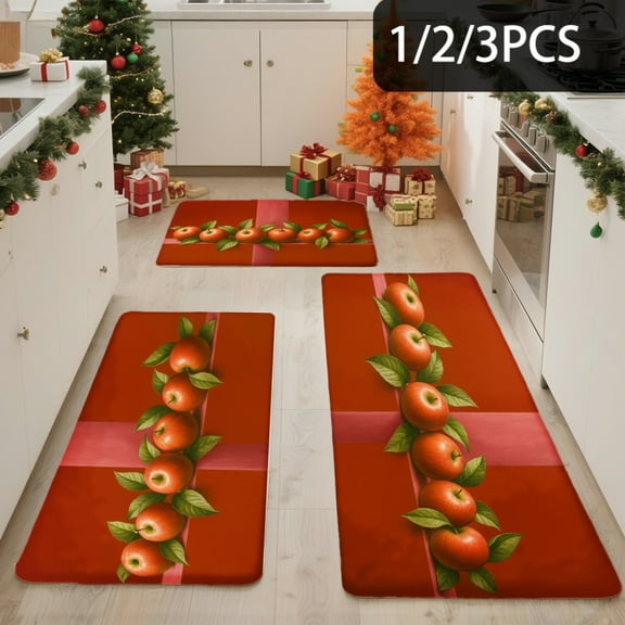 3PCS Kitchen Mat set,Welcome Door Flannel Rug,Home Decor for Front Door,Kitchen, Bathroom,Red Apples On Green Leaves ,Gifts for family and friends.