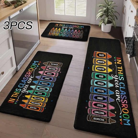 3PCS Kitchen Rugs, Welcome Door Mat set, Home Decoration for Front Door, Kitchen, Bathroom, In The Classroom Crayon Colorful Design Pattern Print Dining Mat, Great Gift for Woman.