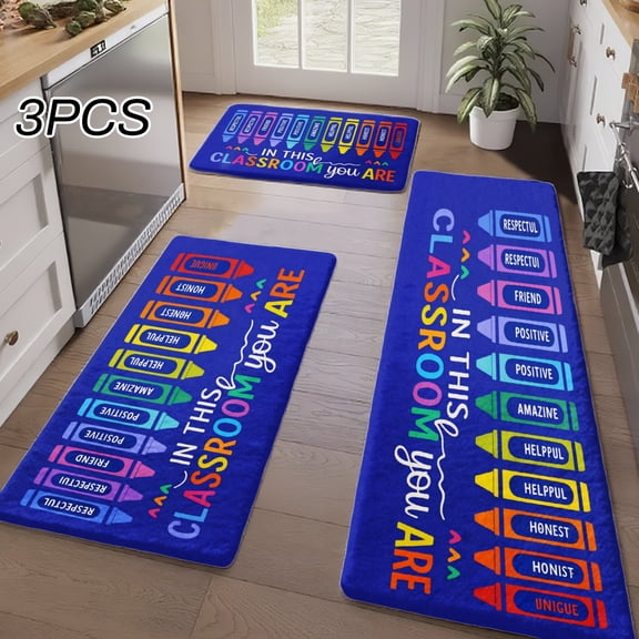 3PCS Kitchen Rugs, Welcome Door Mat set, Home Decoration for Front Door, Kitchen, Bathroom, In This Classroom You Are With Colorful Crayon Design Dining Mat, Great Gift for Woman.