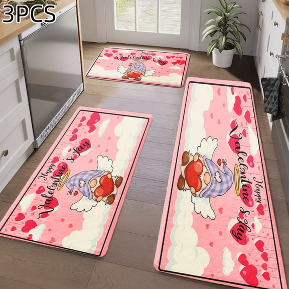 3PCS Kitchen Rugs, Welcome Door Mat set, Home Decoration for Front Door, Kitchen, Bathroom, Cute Angel With Heart And Clouds Pattern Dining Mat, Great Gift for Woman.
