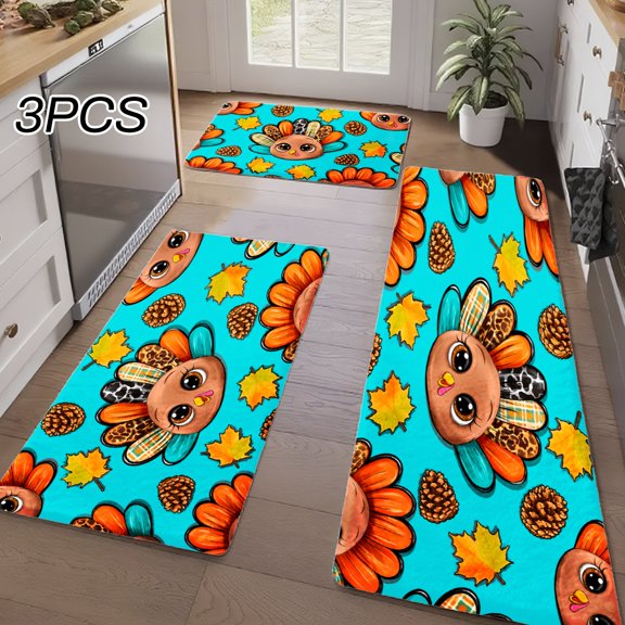3PCS Kitchen Rugs, Welcome Door Mat set, Home Decoration for Front Door, Kitchen, Bathroom, Cute Turkey Autumn Leaves Pinecones Pattern Dining Mat, Great Gift for Woman.