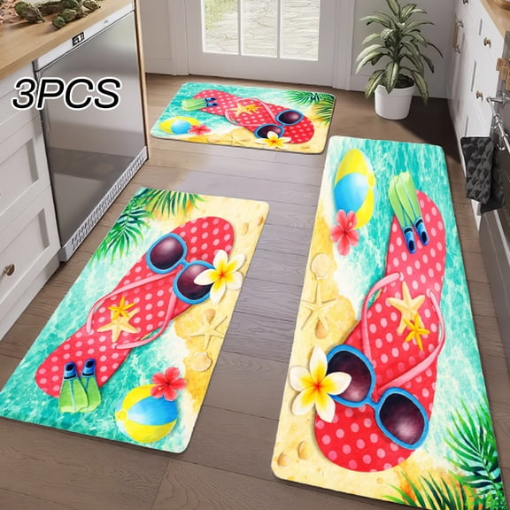 3PCS Kitchen Rugs, Welcome Door Mat set, Home Decoration for Front Door, Kitchen, Bathroom, Flip Flops Sunglasses Beach Ball Palm Tree Starfish Flower Dining Mat, Great Gift for Woman.