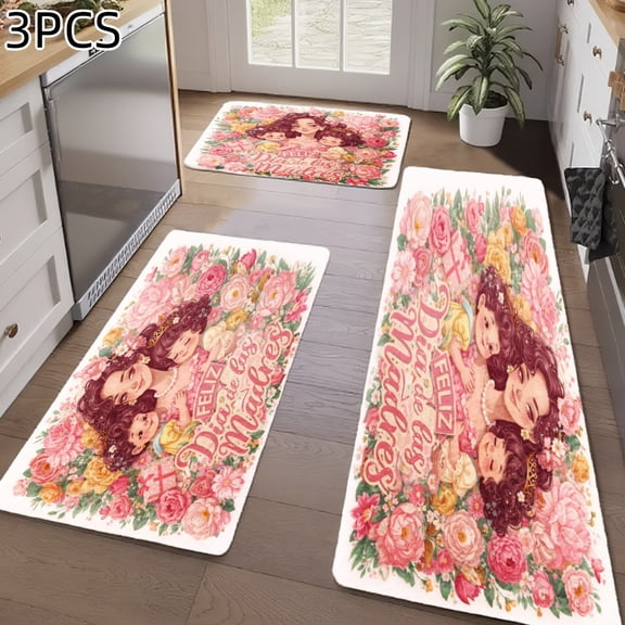3PCS Kitchen Rugs, Welcome Door Mat set, Home Decoration for Front Door, Kitchen, Bathroom, Floral Pattern With Vintage Lady And Roses Dining Mat, Great Gift for Woman.