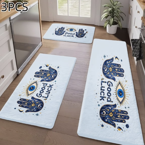 3PCS Kitchen Rugs, Welcome Door Mat set, Home Decoration for Front Door, Kitchen, Bathroom, Good Luck Hamsa Hand Eye Pattern Print Dining Mat, Great Gift for Woman.