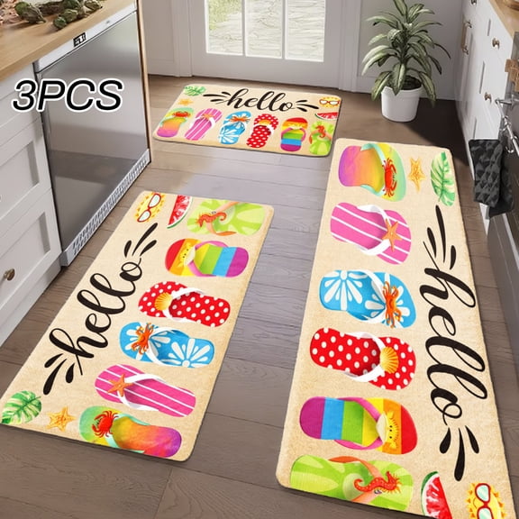 3PCS Kitchen Rugs, Welcome Door Mat set, Home Decoration for Front Door, Kitchen, Bathroom, Hello Flip Flops Colorful Summer Pattern Print Dining Mat, Great Gift for Woman.