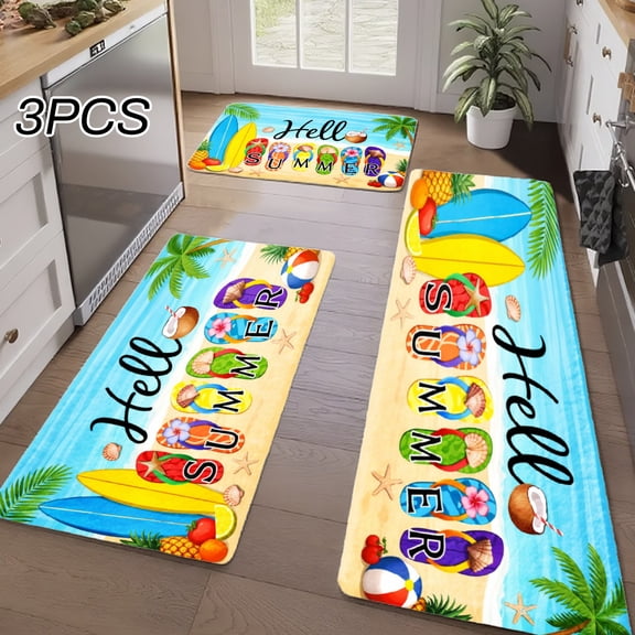 3PCS Kitchen Rugs, Welcome Door Mat set, Home Decoration for Front Door, Kitchen, Bathroom, Hello Summer Palm Tree Banana Flip Flop Beach Ball Dining Mat, Great Gift for Woman.